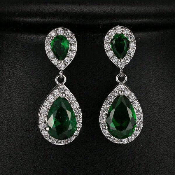 Green Crystal Rhinestone Silver Teardrop Dangle Earrings-Earring-SPARKLE ARMAND