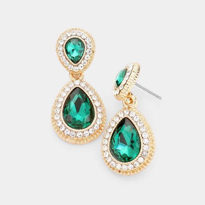Green Crystal Teardrop Gold Earrings by Sophia Collection