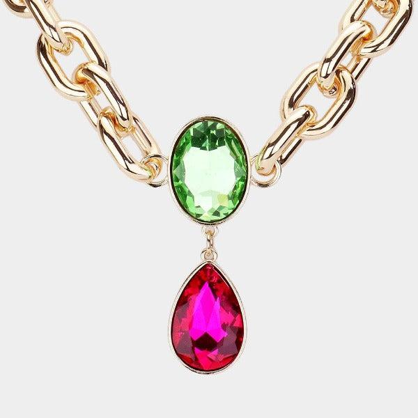 Green Oval Pink Teardrop Stone Link Necklace