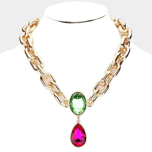 Green Oval Pink Teardrop Stone Link Necklace
