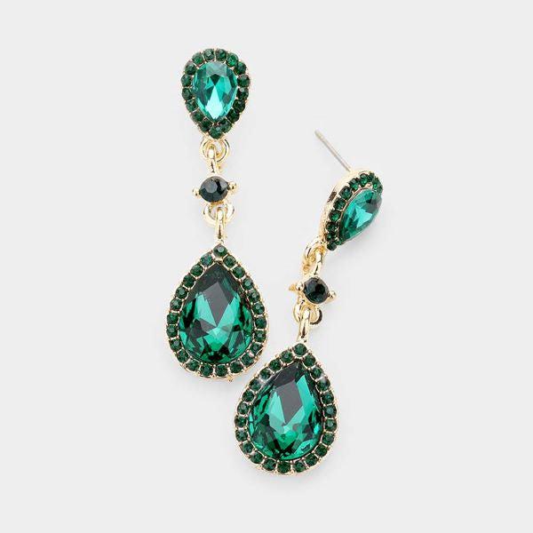 Green Pear Crystal Rhinestone Evening Earrings