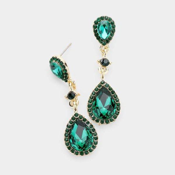 Green Pear Crystal Rhinestone Evening Earrings