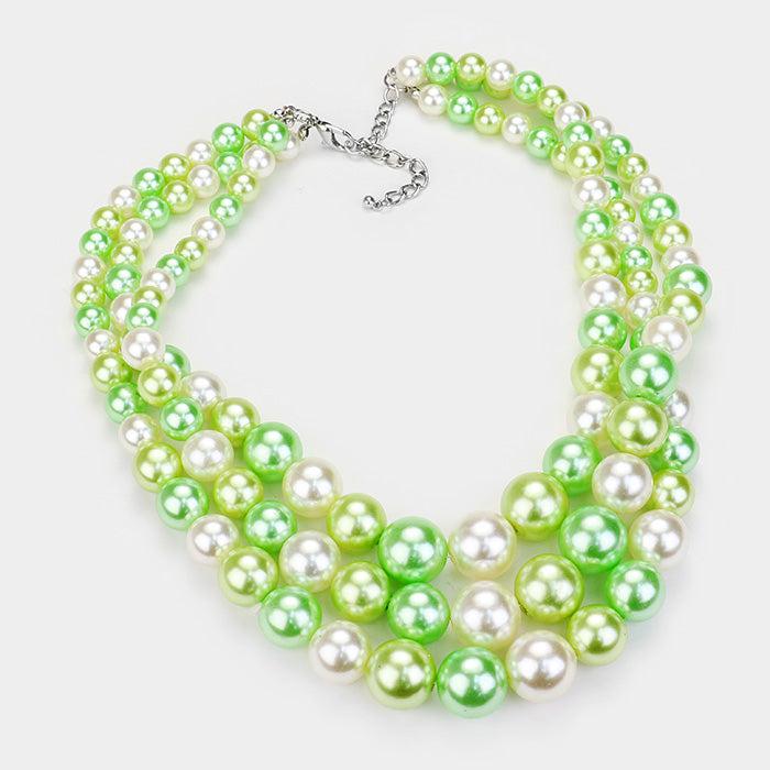 Green Pearl (faux) Triple Strand Necklace & Earring Set by SP Sophia Collection