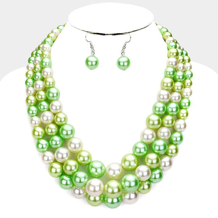 Green Pearl (faux) Triple Strand Necklace & Earring Set by SP Sophia Collection