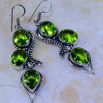 Green Peridot 2 3/4" Silver Plated Earrings-Earring-SPARKLE ARMAND
