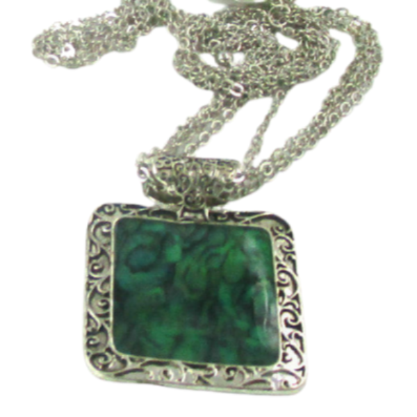 Green Square Silver Tone Necklace & Earrings-Necklace-SPARKLE ARMAND