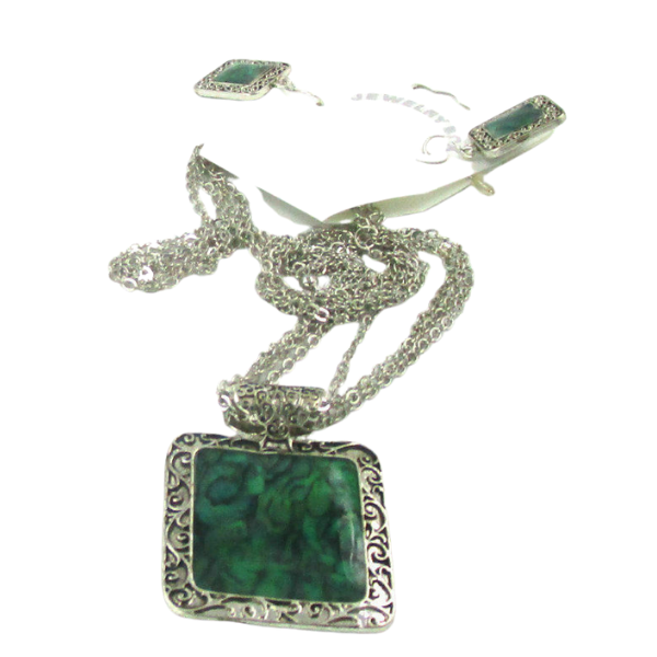 Green Square Silver Tone Necklace & Earrings-Necklace-SPARKLE ARMAND