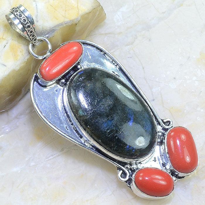 HUGE LABRADORITE, RED CORAL .925 SILVER PLATED PENDANT 3" + 20" CORD-Pendant-SPARKLE ARMAND