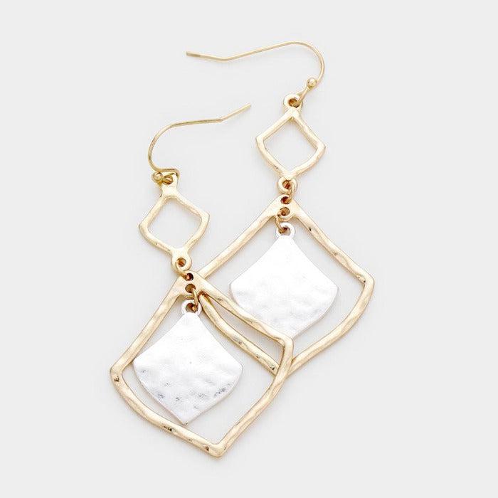 Hammered Metal Rhombus Drop Earrings-Earring-SPARKLE ARMAND