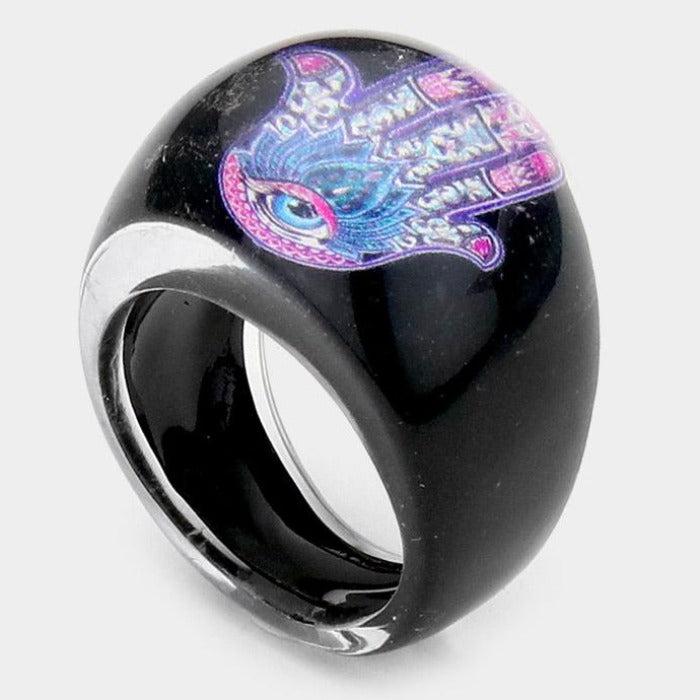 Hamsa Hand Evil Eye Printed Lucite Ring Size 8.25