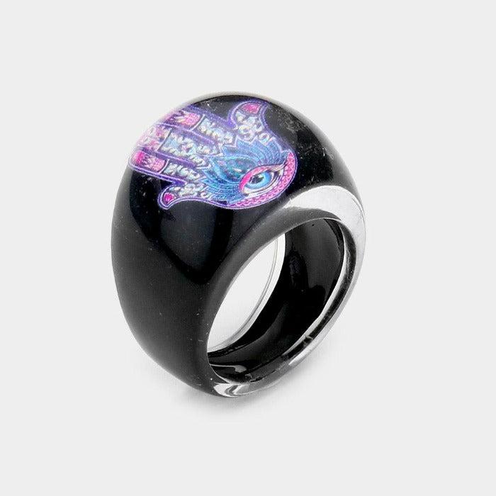 Hamsa Hand Evil Eye Printed Lucite Ring Size 8.25