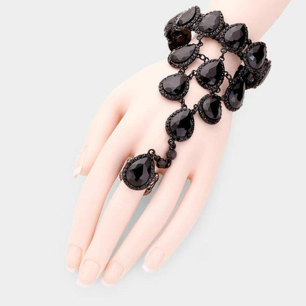 Hand Chain Black Crystal Rhinestone Pave Evening Bracelet