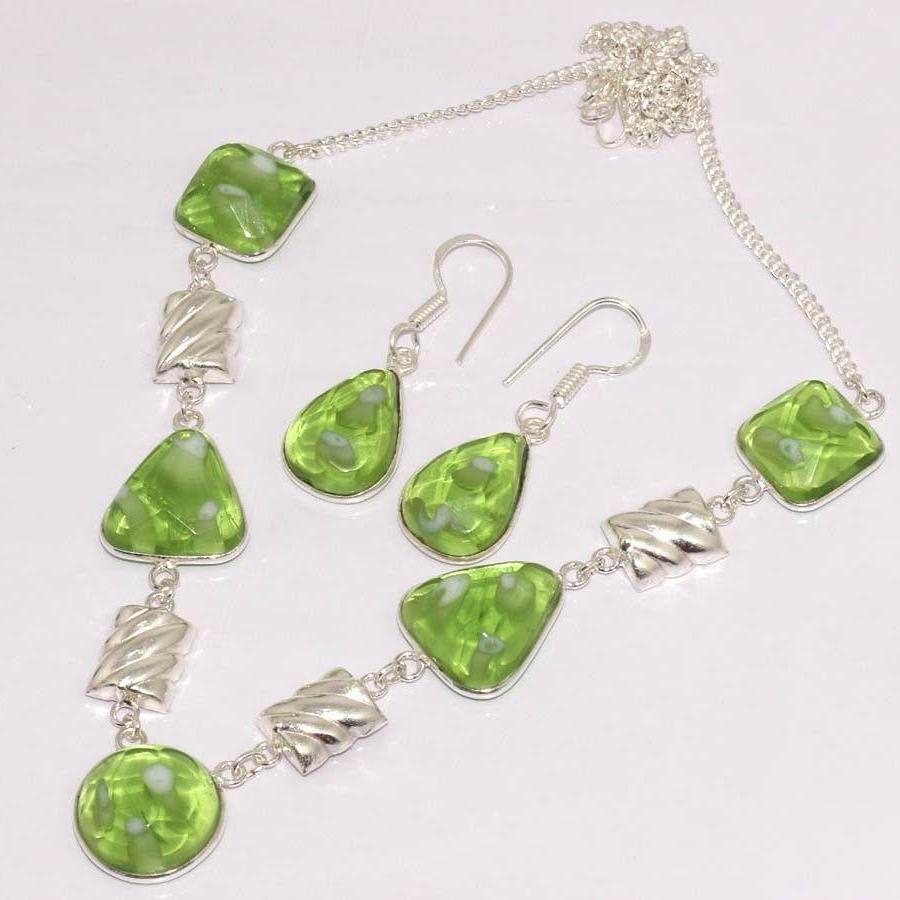 Handmade Green Fancy Glass Stones Silver Plated Necklace & Earring Set-Necklace-SPARKLE ARMAND