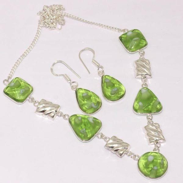 Handmade Green Fancy Glass Stones Silver Plated Necklace & Earring Set-Necklace-SPARKLE ARMAND