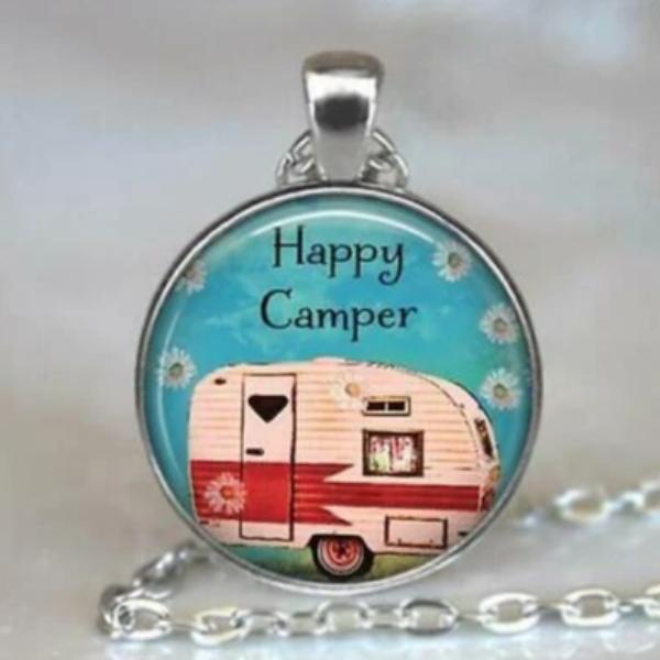 Happy Camper Round Cabochon Glass Silver Tone Necklace-Necklace-SPARKLE ARMAND