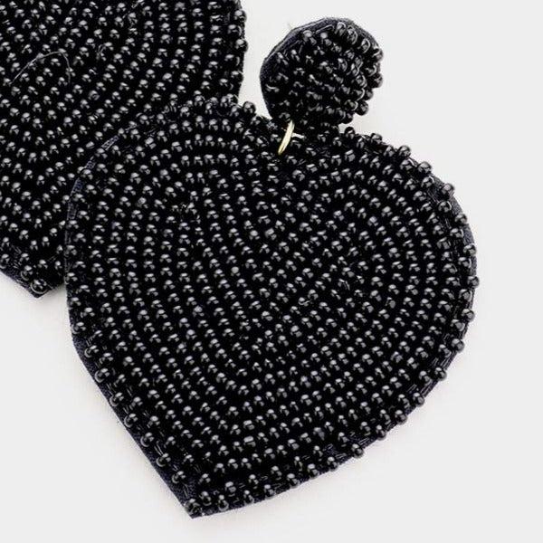 Seed Bead Heart Black Dangle Earrings