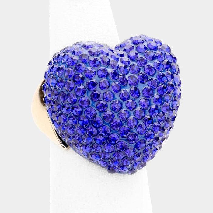 Heart Blue Rhinestone Pave Stretch Ring