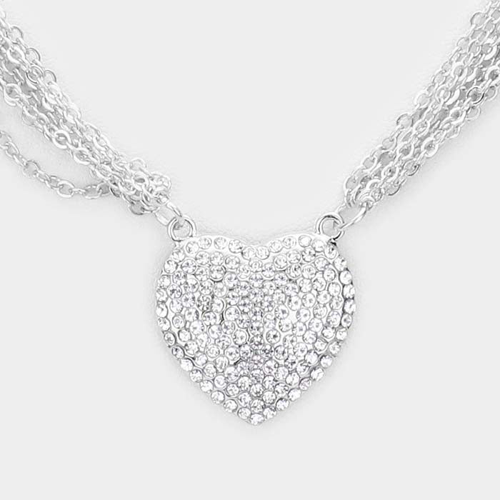 Heart Pendant Clear Rhinestone Embellished Silver Necklace Set
