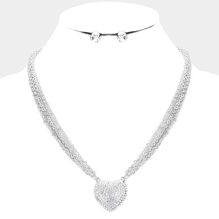 Heart Pendant Clear Rhinestone Embellished Silver Necklace Set