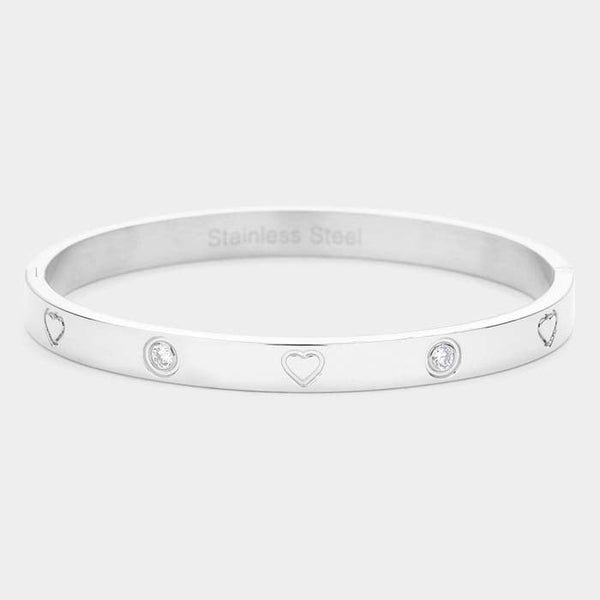 Heart Crystal Detail Stainless Steel Silver Bangle Bracelet