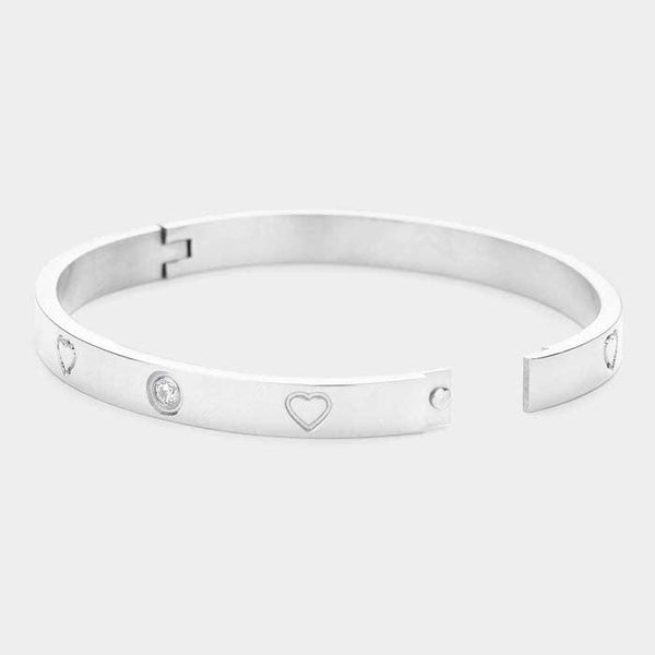 Heart Crystal Detail Stainless Steel Silver Bangle Bracelet