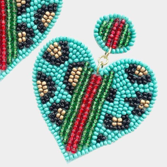 Heart Leopard Turquoise Color Block Seed Bead Earrings-Earring-SPARKLE ARMAND