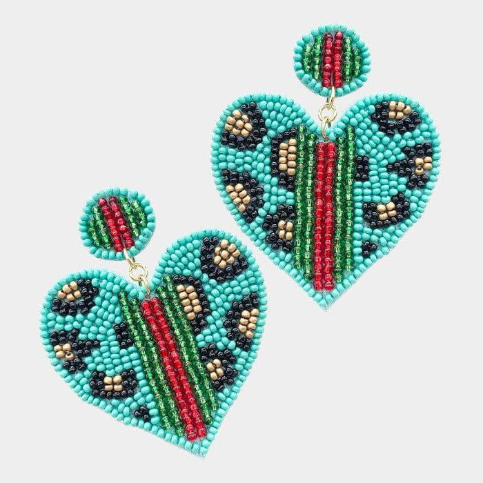 Heart Leopard Turquoise Color Block Seed Bead Earrings-Earring-SPARKLE ARMAND