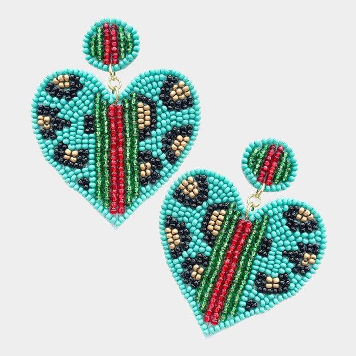 Heart Leopard Turquoise Color Block Seed Bead Earrings-Earring-SPARKLE ARMAND