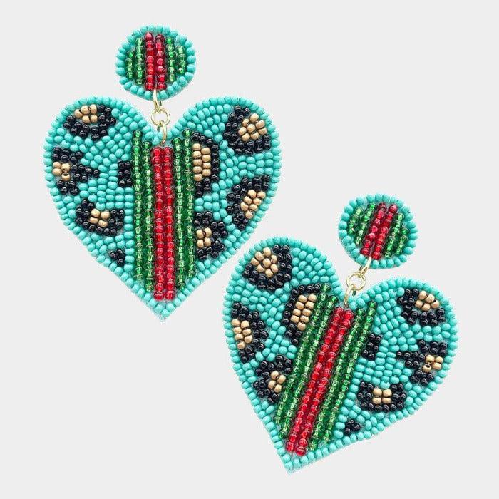 Heart Leopard Turquoise Color Block Seed Bead Earrings-Earring-SPARKLE ARMAND