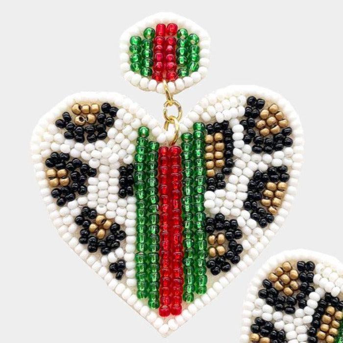 Heart Leopard White Color Block Seed Bead Earrings by Treasure Jewelry
