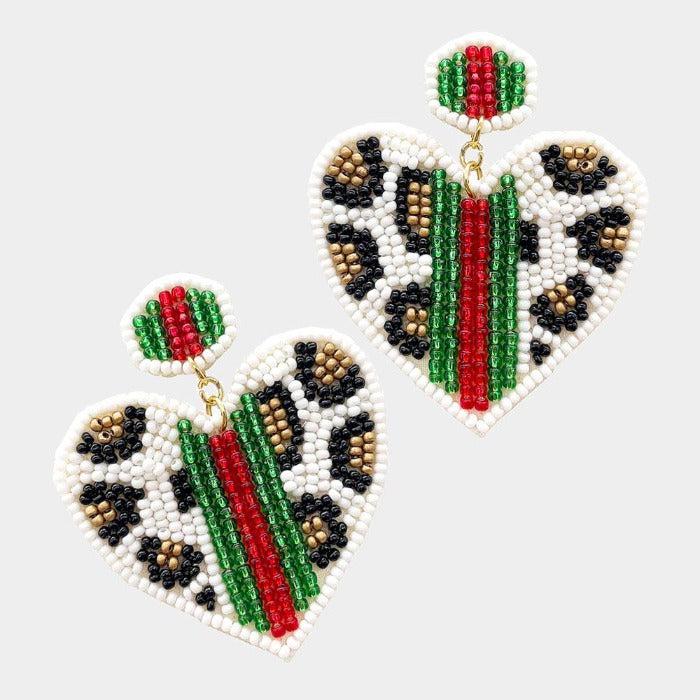 Heart Leopard White Color Block Seed Bead Earrings by Treasure Jewelry