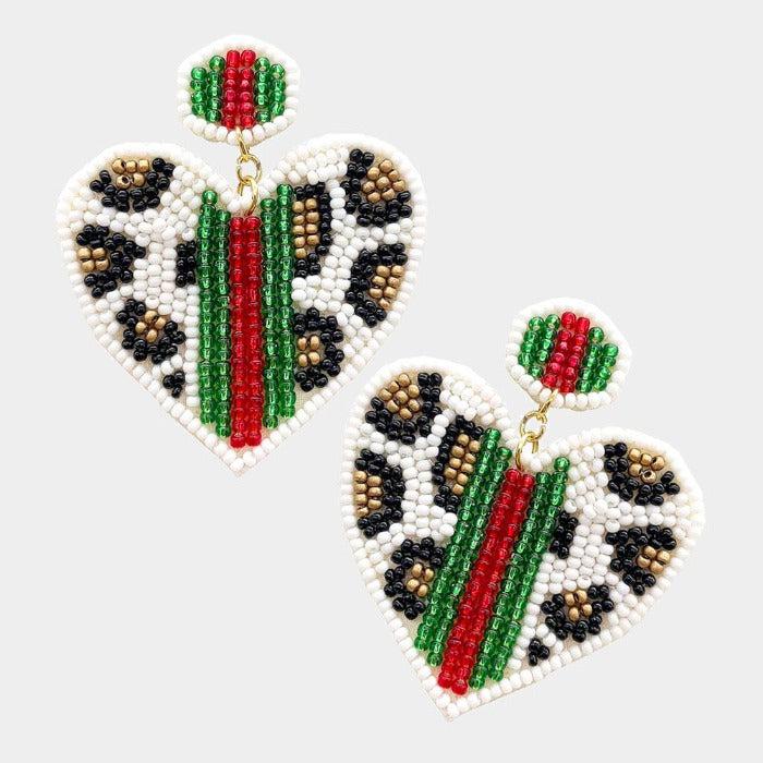 Heart Leopard White Color Block Seed Bead Earrings by Treasure Jewelry