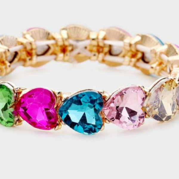 Heart Multi Color Crystal Stretch Gold Evening Bracelet