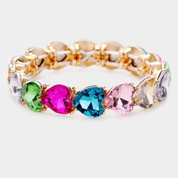 Heart Multi Color Crystal Stretch Gold Evening Bracelet