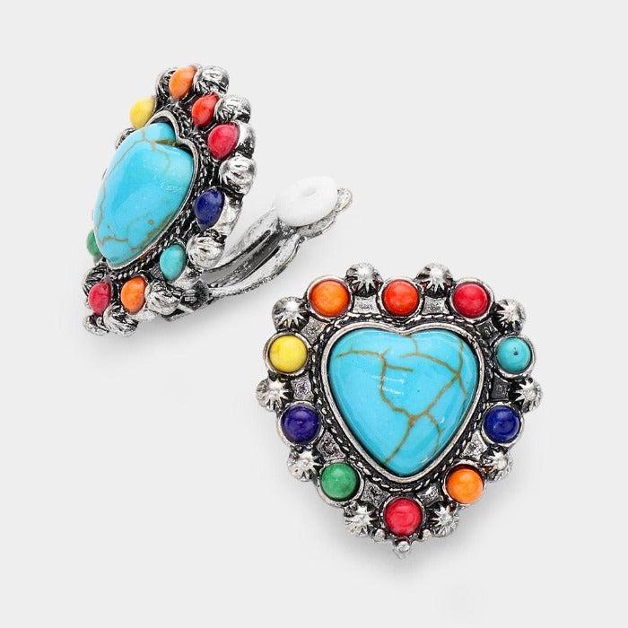 Heart Multi Colored Natural Stone Clip on Earrings by tipi