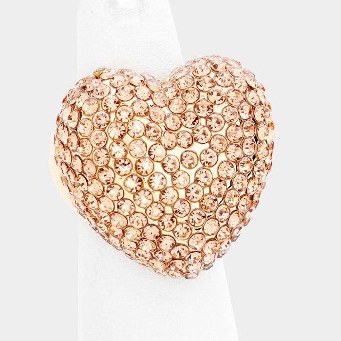 Heart Peach Rhinestone Pave Stretch Ring