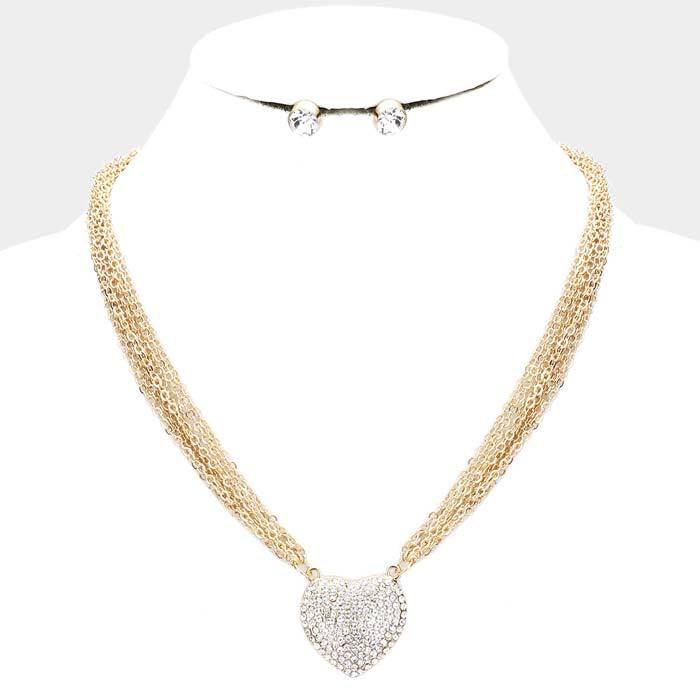 Heart Pendant Clear Rhinestone Embellished Necklace Set