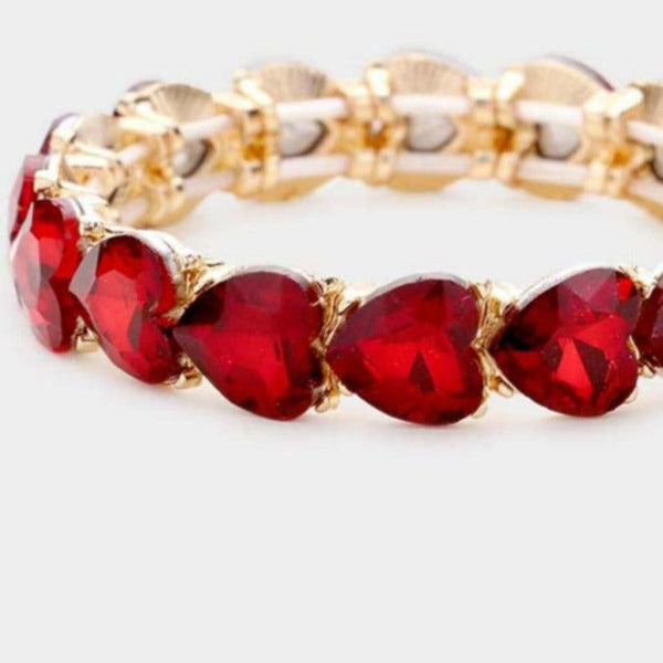 Heart Red Crystal Stretch Gold Evening Bracelet