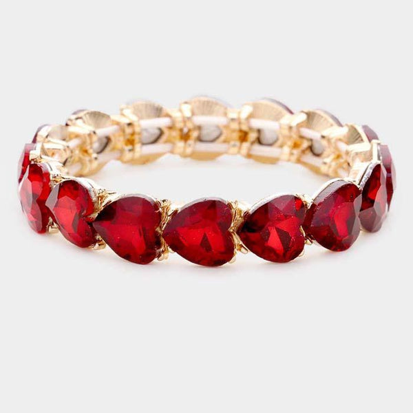 Heart Red Crystal Stretch Gold Evening Bracelet