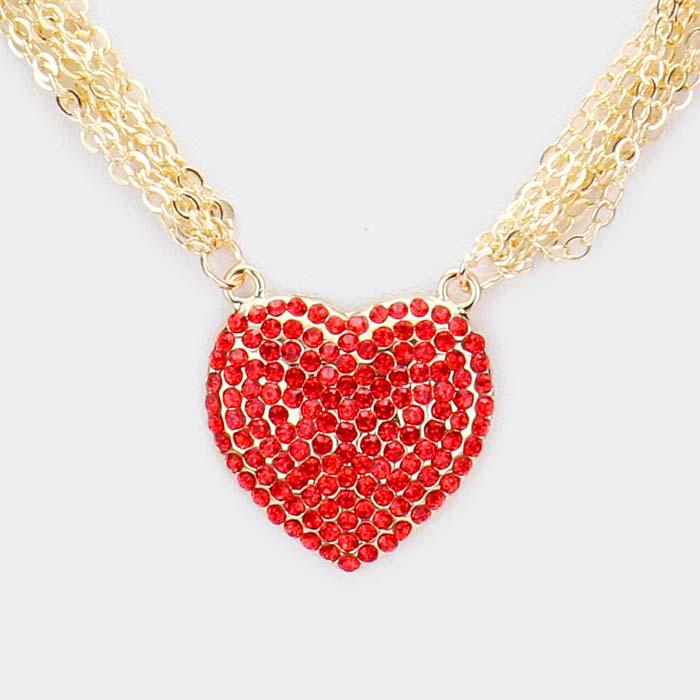 Heart Red Rhinestone Embellished Gold Necklace Set