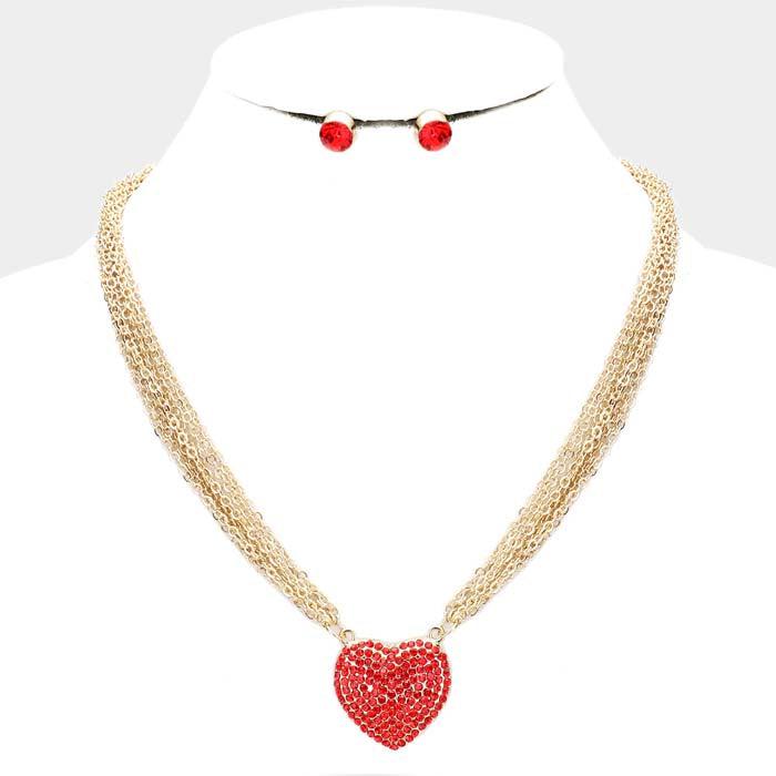 Heart Red Rhinestone Embellished Gold Necklace Set