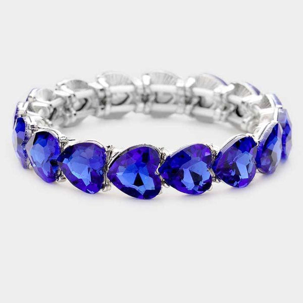 Heart Sapphire Blue Crystal Stretch Silver Evening Bracelet