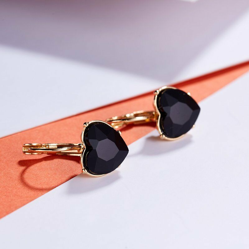 Heart Shaped Black Crystal Gold Earrings-Earring-SPARKLE ARMAND