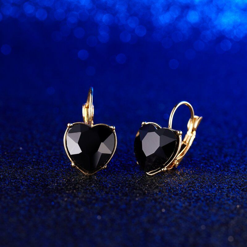Heart Shaped Black Crystal Gold Earrings-Earring-SPARKLE ARMAND