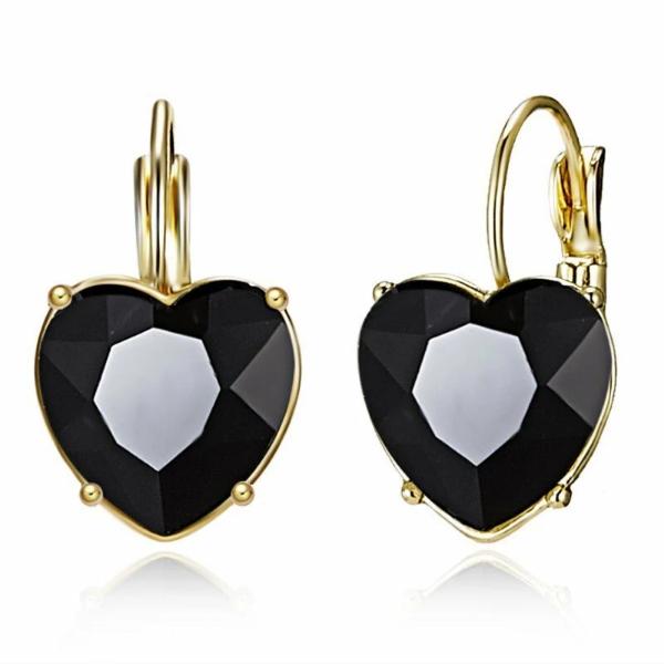 Heart Shaped Black Crystal Gold Earrings-Earring-SPARKLE ARMAND