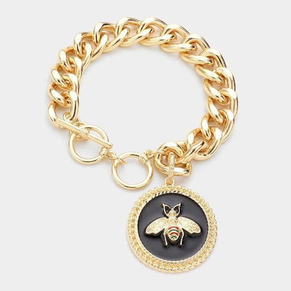 Honey Bee Accented Round Charm Toggle Bracelet