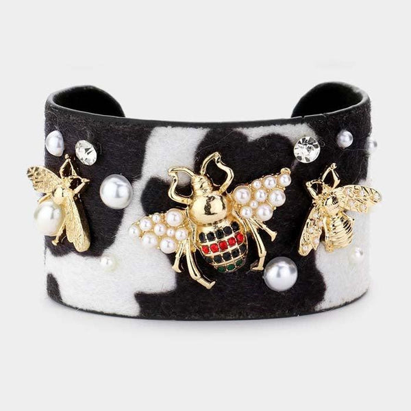 Honey Bee Cow Hide Pearl Rhinestone Triple Faux Leather Cuff Bracelet