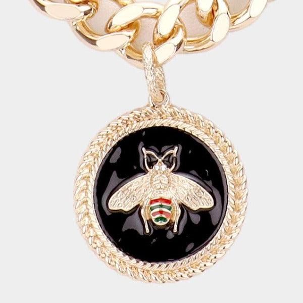 Honey Bee Accented Enamel Round Pendant Necklace Set