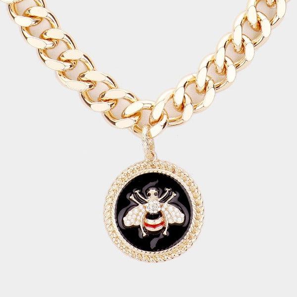 Honey Bee Enamel Round Rhinestone Necklace Set