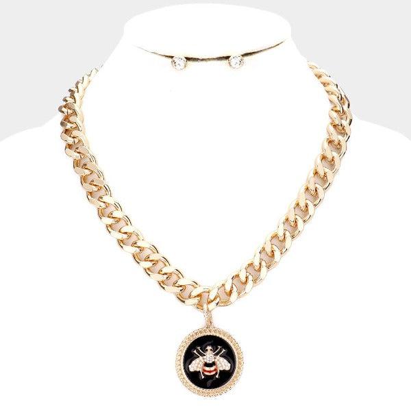 Honey Bee Enamel Round Rhinestone Necklace Set